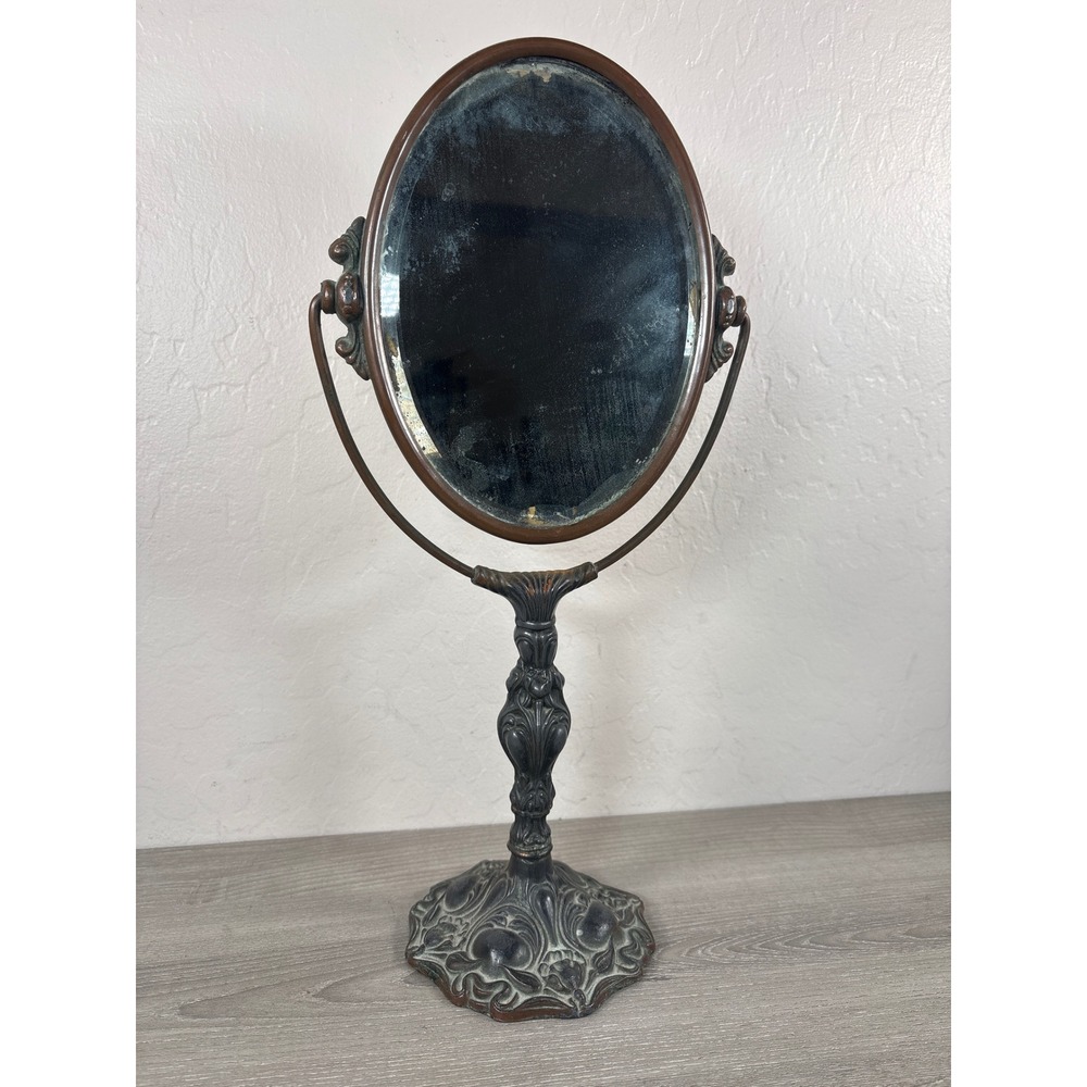 Antique Victorian Art Nouveau Style Cast Metal Swivel Vanity Mirror Ornate Oval